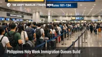 Passengers queue inside Ninoy Aquino International Airport as Philippines Holy Week immigration queues build