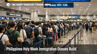 Passengers queue inside Ninoy Aquino International Airport as Philippines Holy Week immigration queues build