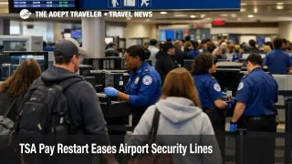 TSA pay restart story image showing travelers queued at a U.S. airport security checkpoint as screening lines ease.
