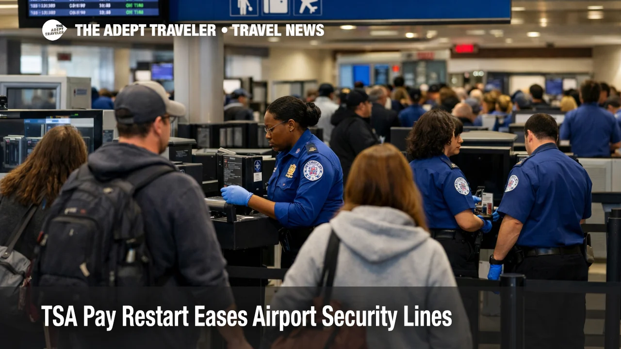 TSA pay restart story image showing travelers queued at a U.S. airport security checkpoint as screening lines ease.