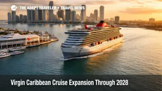 Virgin Caribbean cruise expansion scene at PortMiami as a cruise ship departs for new Miami and San Juan itineraries