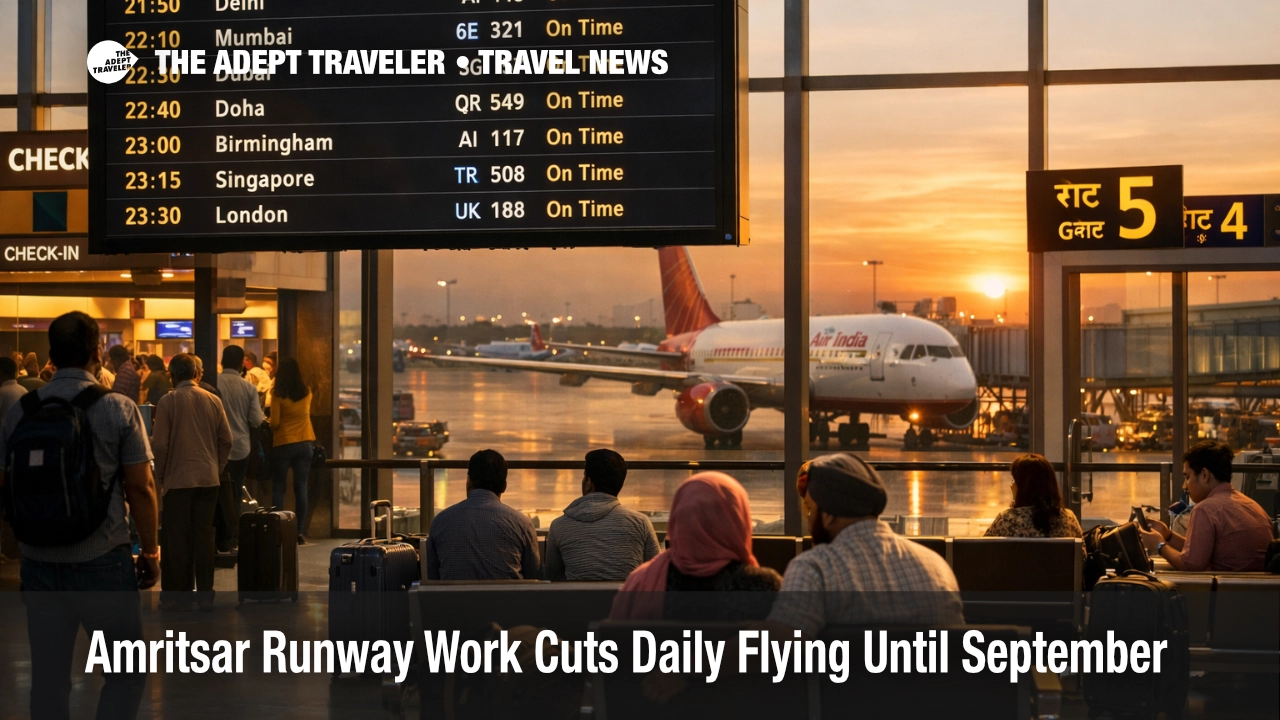 Amritsar runway closure shown by passengers waiting in a terminal as flights compress into late evening departures