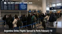 Argentina strike flights disrupt EZE as travelers queue near check in counters and cancellation screens in Buenos Aires