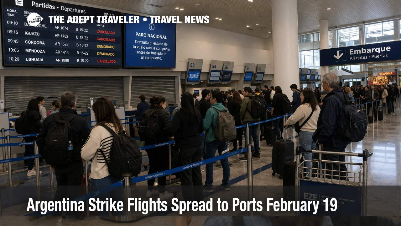 Argentina strike flights disrupt EZE as travelers queue near check in counters and cancellation screens in Buenos Aires