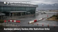 Azerbaijan travel advisory scene at Nakhchivan airport shows a quiet terminal after flight disruption and tighter warnings