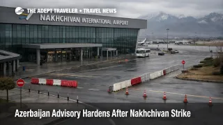 Azerbaijan travel advisory scene at Nakhchivan airport shows a quiet terminal after flight disruption and tighter warnings
