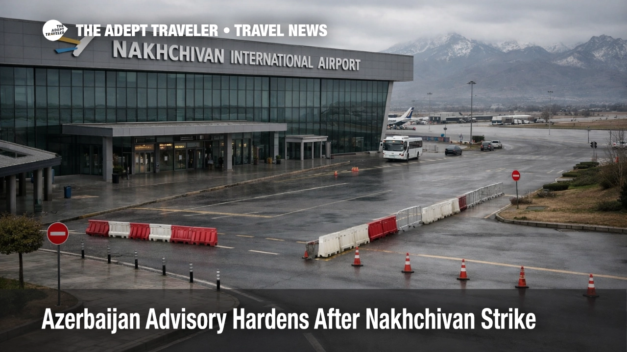 Azerbaijan travel advisory scene at Nakhchivan airport shows a quiet terminal after flight disruption and tighter warnings