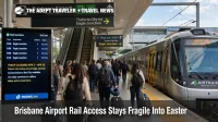 Brisbane airport rail access disruption shows travelers at the Airport line platform facing Easter transfer changes