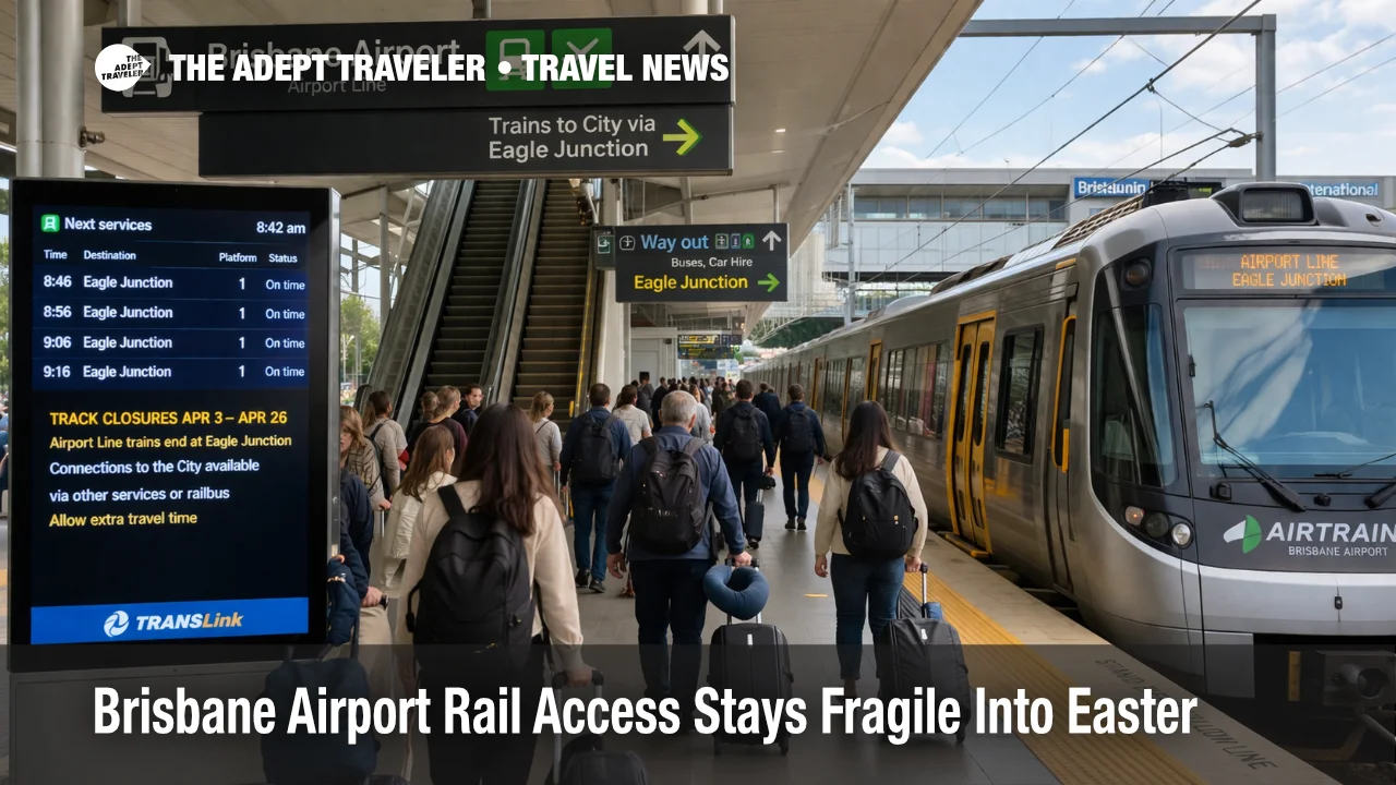 Brisbane airport rail access disruption shows travelers at the Airport line platform facing Easter transfer changes