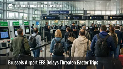 Brussels Airport EES delays shown by non EU travelers queuing at passport control during the Easter holiday rush