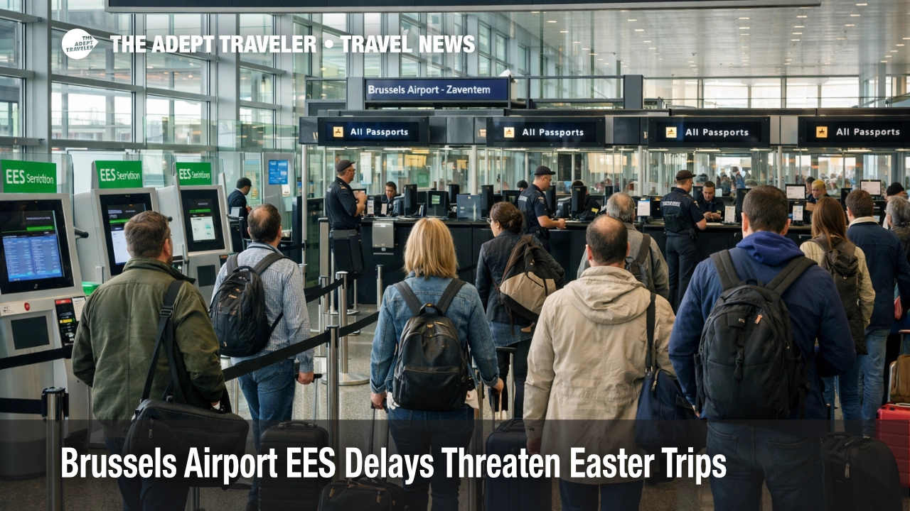Brussels Airport EES delays shown by non EU travelers queuing at passport control during the Easter holiday rush