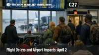 Passengers watch delay screens at Chicago O'Hare as April 2 flight delays disrupt U.S. airport connections