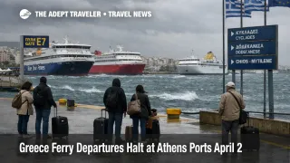 Greece ferry departures halted at Piraeus as strong winds and rough seas suspend Athens area island sailings on April 2