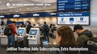 JetBlue TrueBlue subscriptions shown through a JFK check in scene with travelers weighing bags, seats, and points extras