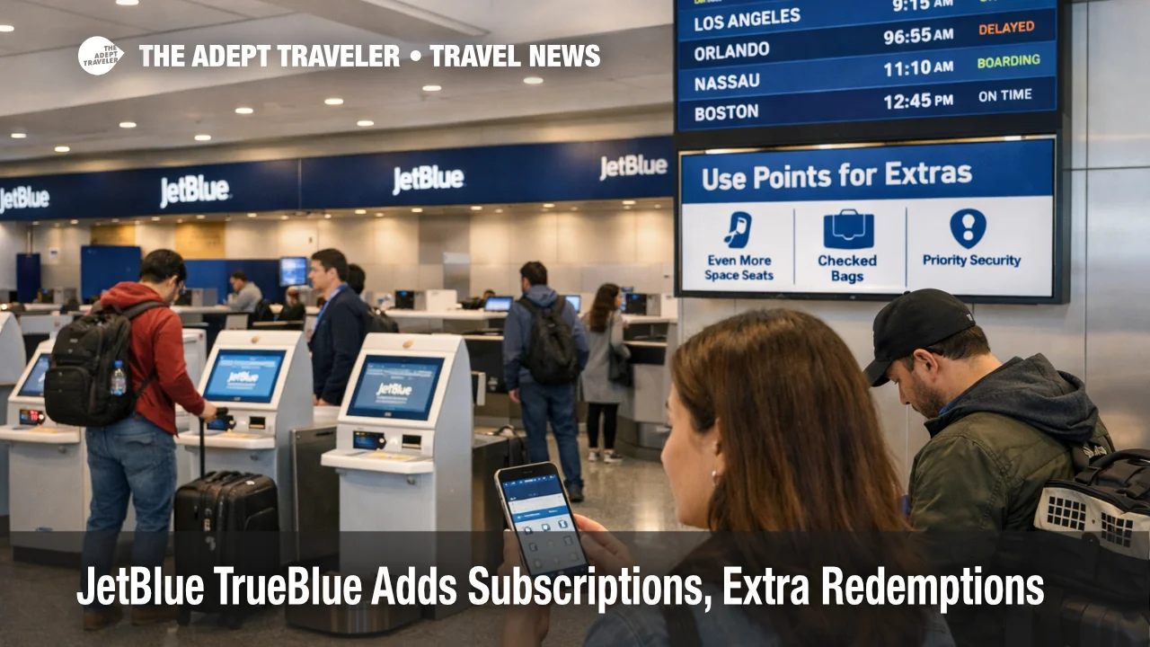 JetBlue TrueBlue subscriptions shown through a JFK check in scene with travelers weighing bags, seats, and points extras