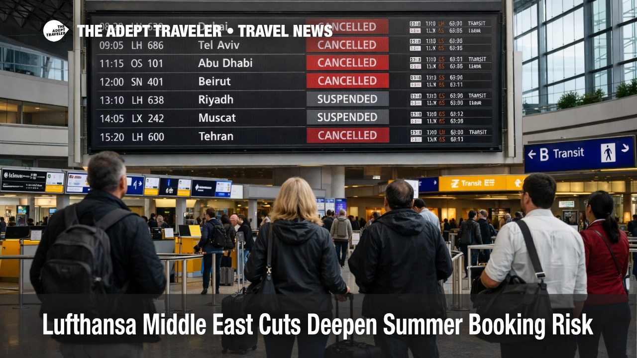 Lufthansa Middle East suspensions shown on Frankfurt departure boards as Gulf and Levant routes stay cut