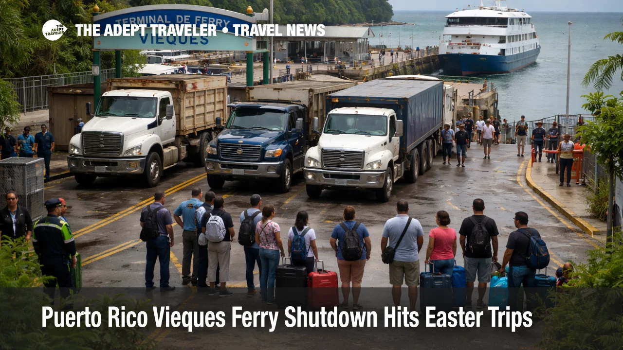 Blocked terminal access during the Vieques ferry shutdown in Puerto Rico as Easter travelers wait near the dock