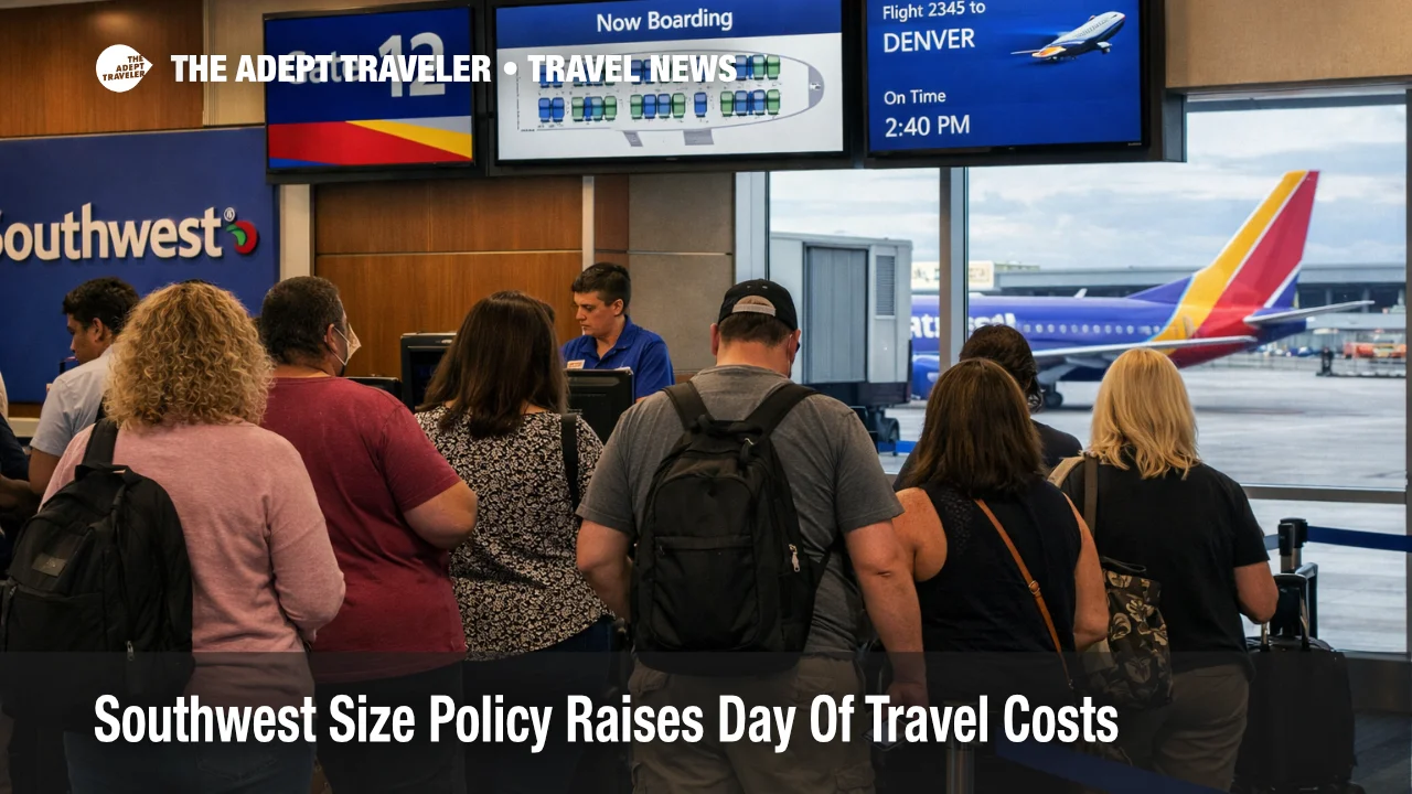 Southwest size policy shown at Dallas Love Field with travelers queueing at a gate under assigned seating rules