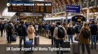 UK airport rail disruption shown by Heathrow bound travelers checking altered train departures at Paddington over Easter