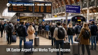 UK airport rail disruption shown by Heathrow bound travelers checking altered train departures at Paddington over Easter