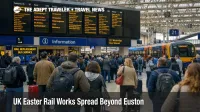 UK Easter rail works shown at London Waterloo with travelers checking amended departures during Easter weekend disruption