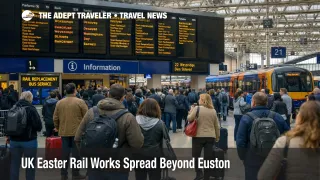 UK Easter rail works shown at London Waterloo with travelers checking amended departures during Easter weekend disruption