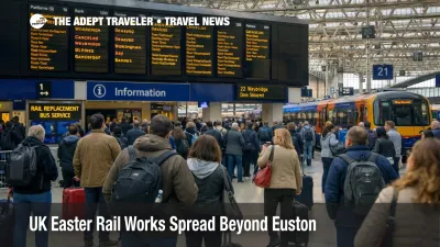 UK Easter rail works shown at London Waterloo with travelers checking amended departures during Easter weekend disruption