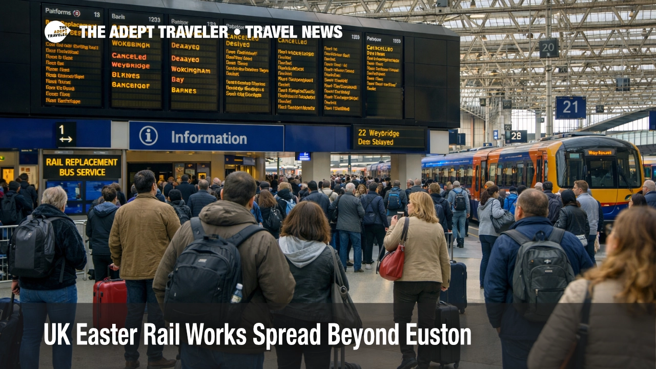 UK Easter rail works shown at London Waterloo with travelers checking amended departures during Easter weekend disruption
