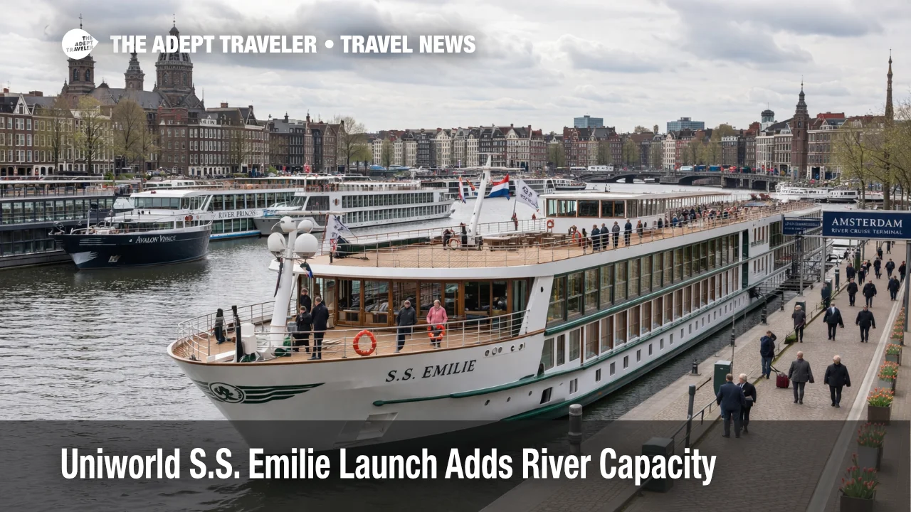 A modern river cruise ship in Amsterdam shows European river cruise expansion and growing dock crowding pressure.