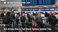 U.S. airfare increases shown in a busy Chicago O'Hare check in hall with baggage drop counters and waiting travelers