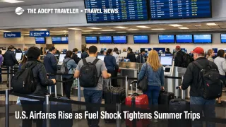 U.S. airfare increases shown in a busy Chicago O'Hare check in hall with baggage drop counters and waiting travelers