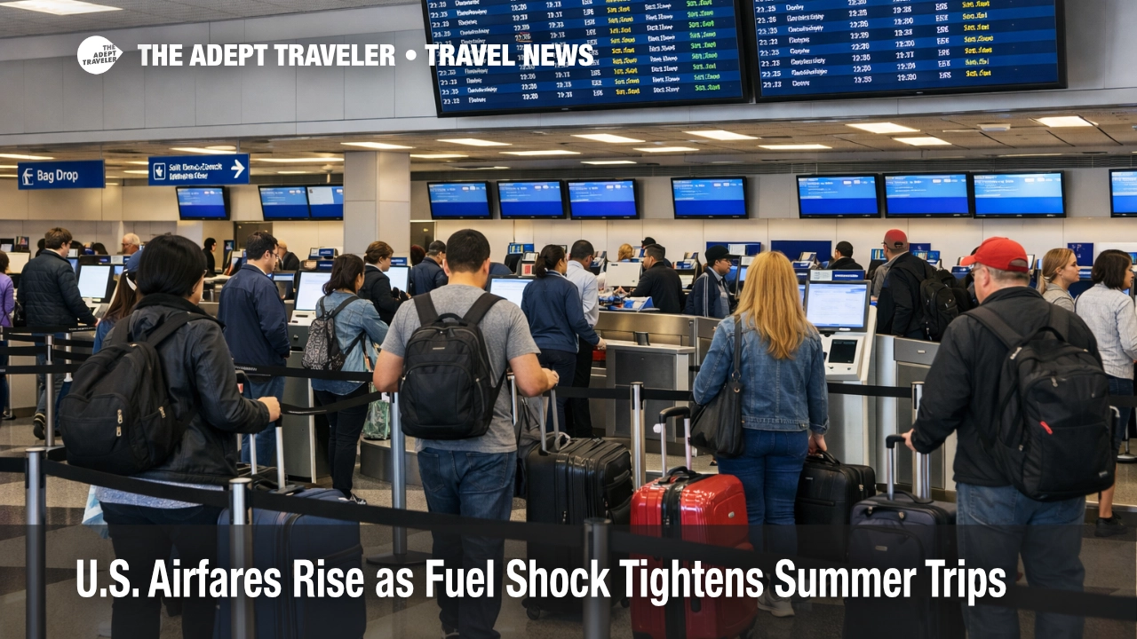 U.S. airfare increases shown in a busy Chicago O'Hare check in hall with baggage drop counters and waiting travelers