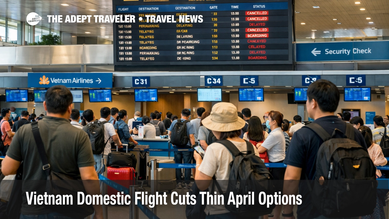 Travelers queue at Tan Son Nhat as Vietnam domestic flight cuts tighten April connection options