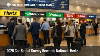 Business travelers queue at an airport rental center as the 2026 car rental survey highlights service quality shifts