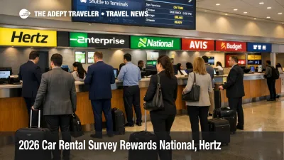 Business travelers queue at an airport rental center as the 2026 car rental survey highlights service quality shifts