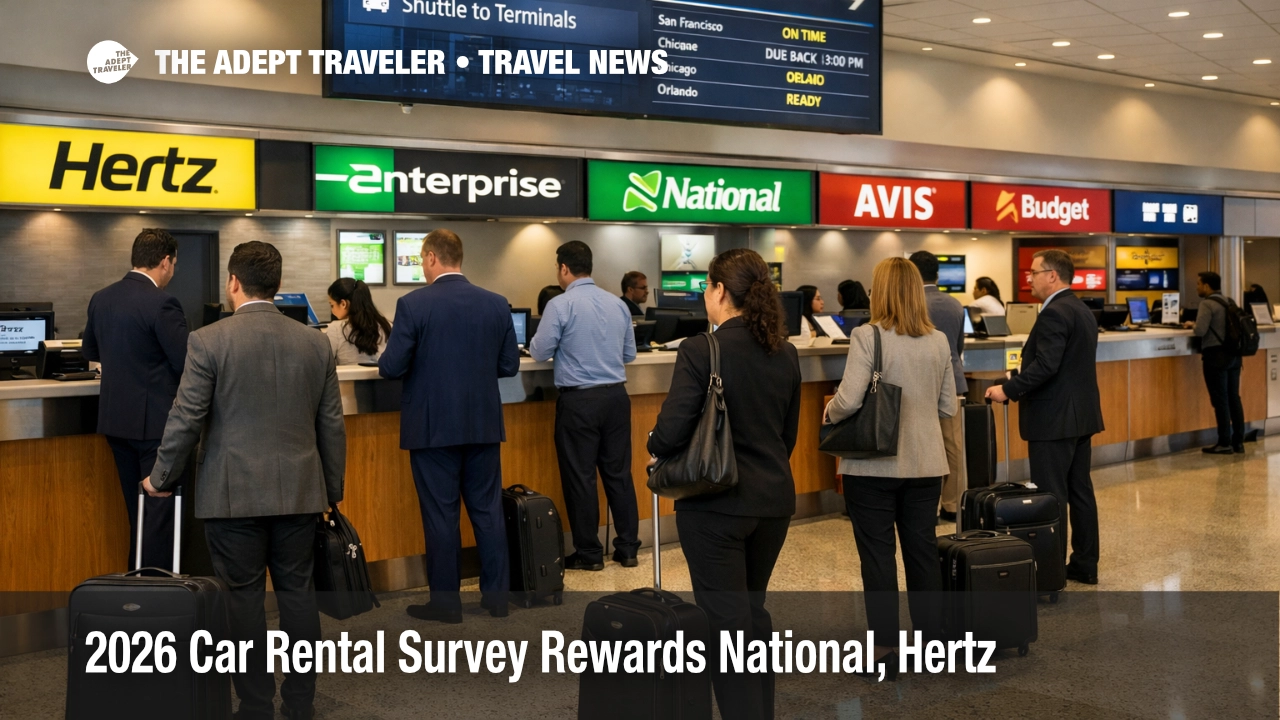 Business travelers queue at an airport rental center as the 2026 car rental survey highlights service quality shifts