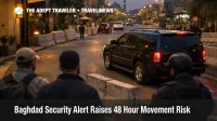 Baghdad security alert shows a guarded hotel transfer point as central Baghdad movement risk rises for travelers
