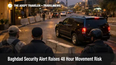 Baghdad security alert shows a guarded hotel transfer point as central Baghdad movement risk rises for travelers
