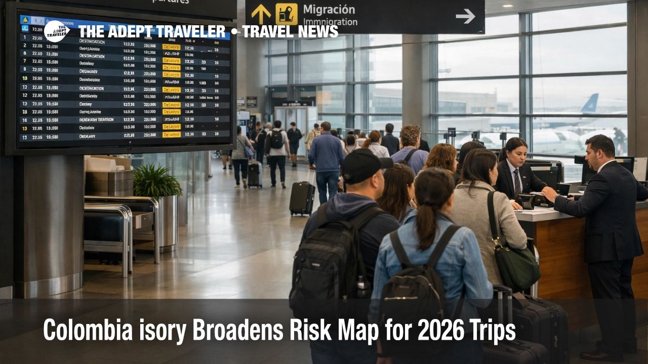 Travelers queue at Bogotá airport as the Colombia travel advisory broadens planning risk beyond protests