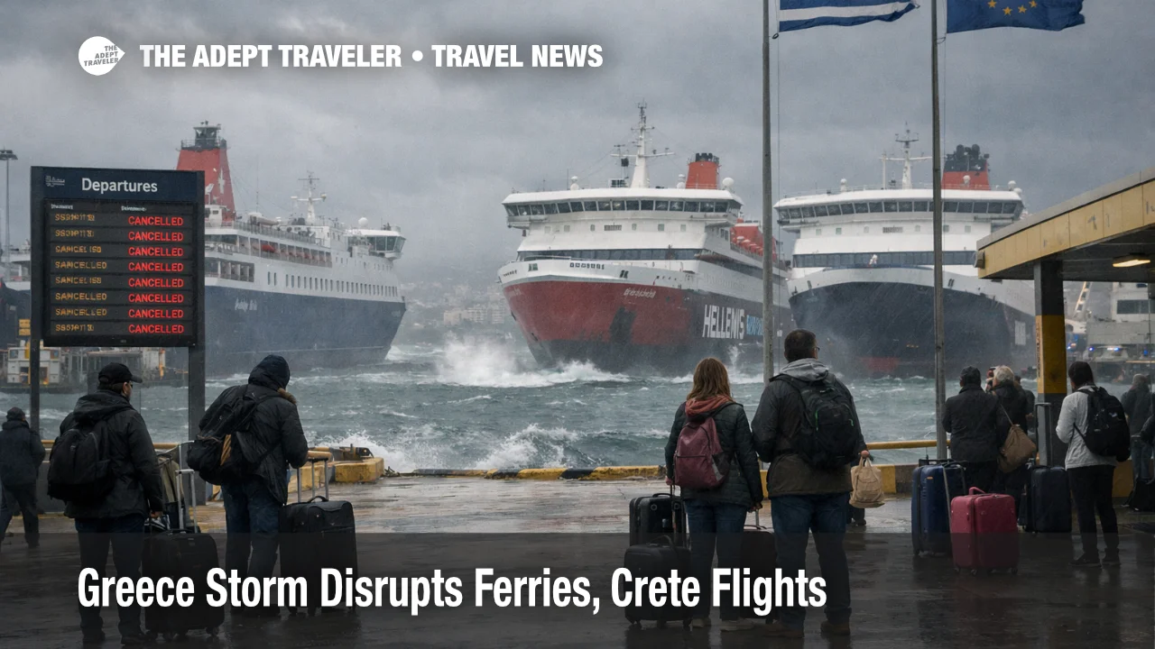 Storm disrupted ferries at Piraeus show Greece storm ferry disruptions hitting island transfers from Athens