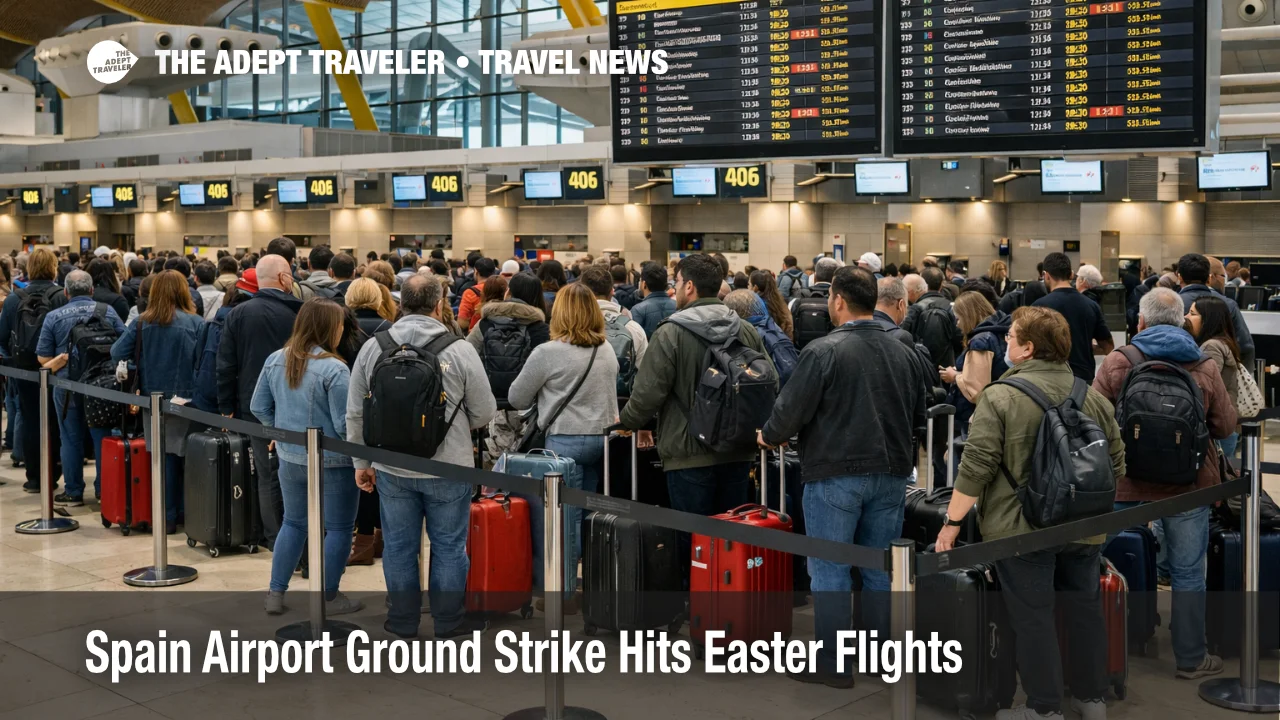 Passengers queue at Madrid-Barajas during the Spain airport ground strike, showing Easter baggage and check-in pressure