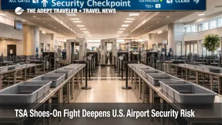 U.S. airport security checkpoint scene illustrating the TSA shoes-on policy and screening process under review