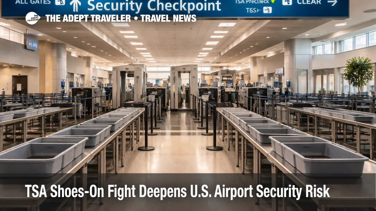U.S. airport security checkpoint scene illustrating the TSA shoes-on policy and screening process under review