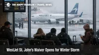 WestJet St. John's waiver scene at YYT as travelers wait during a winter storm and flight disruption threat