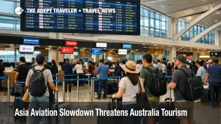 Australia tourism slowdown risk shown in a Sydney Airport departures hall with travelers queuing for Asia bound flights