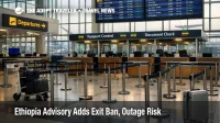 Ethiopia travel advisory risk shown at Addis Ababa airport check in lanes where exit and communications failures can delay departures