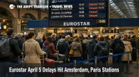 Crowds and delayed boards at Amsterdam Centraal during Eurostar April 5 delays affecting London bound rail travelers