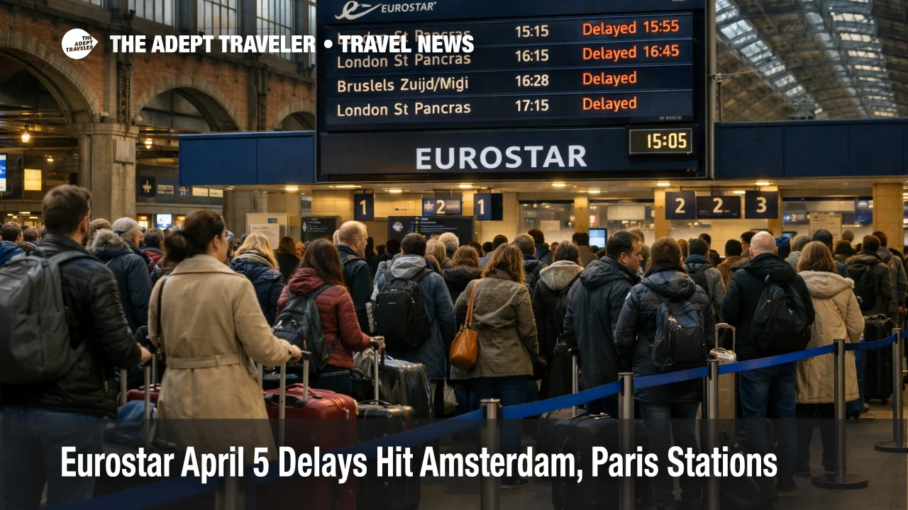 Crowds and delayed boards at Amsterdam Centraal during Eurostar April 5 delays affecting London bound rail travelers