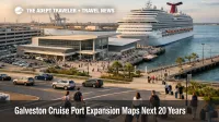 Galveston cruise port expansion scene with terminal traffic, parking, and a homeported cruise ship on the Texas waterfront