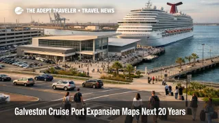 Galveston cruise port expansion scene with terminal traffic, parking, and a homeported cruise ship on the Texas waterfront
